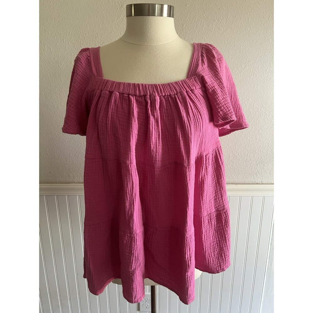 Women's Tiered Square Neck Blouse 100% Cotton Gauze Crinkle Airy Flowy Pink M